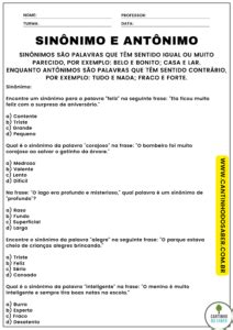 CADERNO DE REFORÇO ESCOLAR SINÔNIMO E ANTÔNIMO 4º ANO