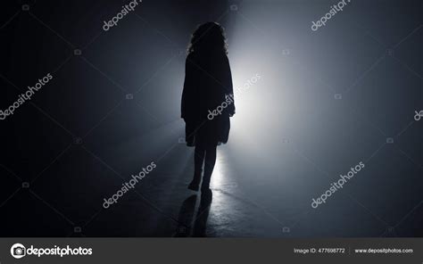 Silhouette Slim Girl Going Away In Darkness Back View Girl Walking In