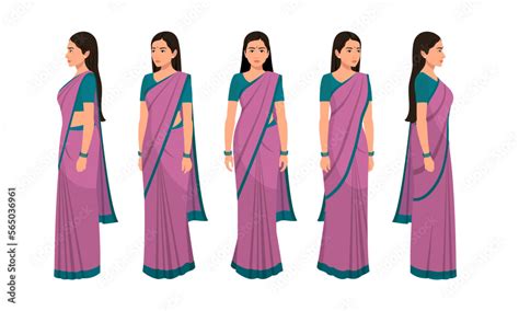 Indian Woman Wearing Saree Character Front Side View And Explainer