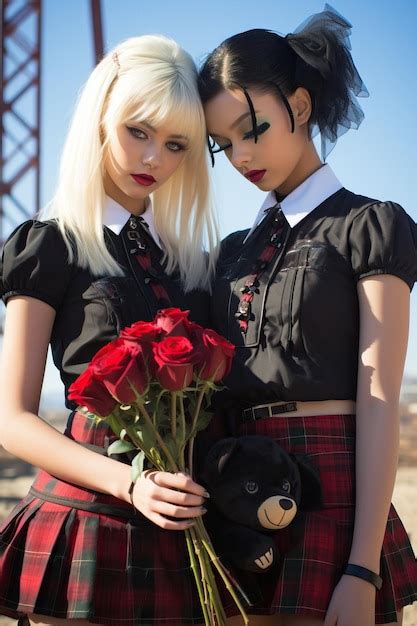 Premium Ai Image Two Women Wearing Black And Red Dresses Holding Red