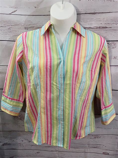 Dressbarn Woman Size W Blue Pink Striped Button Down Shirt