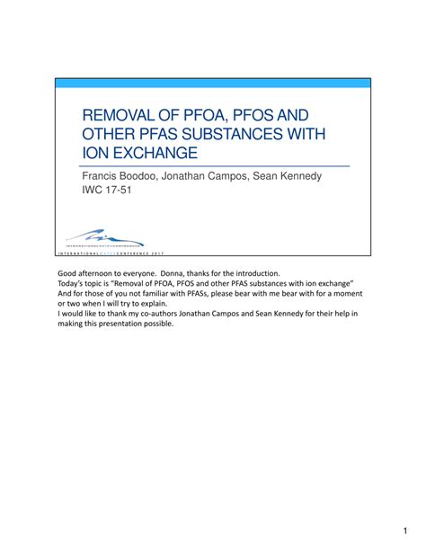 (PDF) REMOVAL OF PFOA, PFOS AND OTHER PFAS SUBSTANCES USING ION EXCHANGE