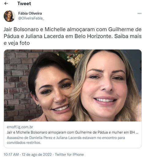 Michelle Bolsonaro tira foto abraçada esposa de Guilherme de Pádua