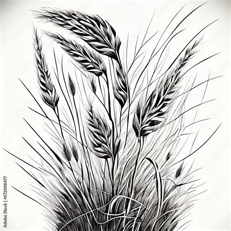 Ornamental grass pencil sketch on white background. Natural plants ...