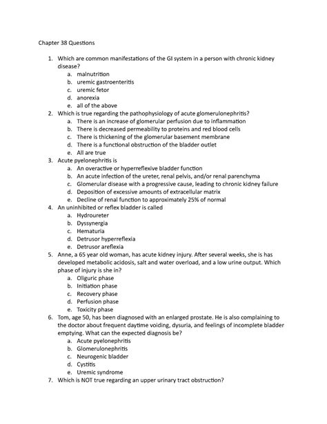 Alterations Of Renal And Urinary Tract Function Practice Questions Ch