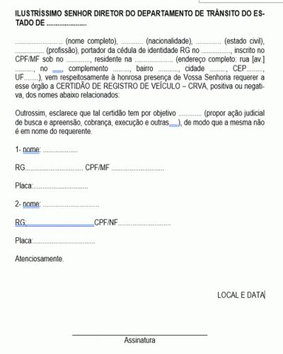 Modelo De Peti O Pedido De Certid O De Registro De Ve Culo