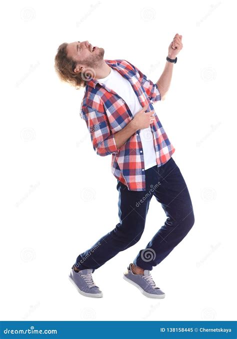 Young Man Playing Air Guitar On White Stock Image Image Of