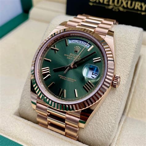 Rolex Day Date 40 228235 Rose Gold Olive Green Roman Dial 40mm Oneluxury