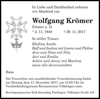 Traueranzeigen Von Wolfgang Kr Mer Saarbruecker Zeitung Trauer De