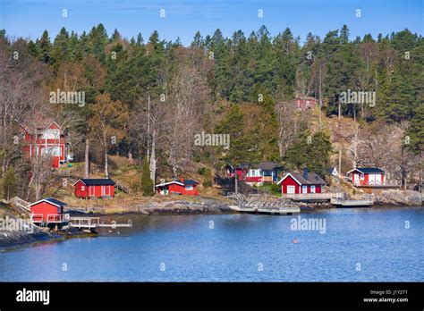 Swedish Rural Landscape Coastal Village With Red Wooden Houses And