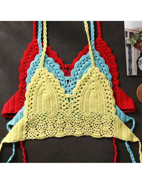 New Sexy Bikini Crop Top Women Crochet Boho Beach Camisoles Bikini Bralette Halter Cami Knitted