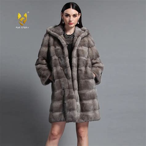 Fur Story 161161 Women Full Pelt Real Mink Fur Coats Women With Hood