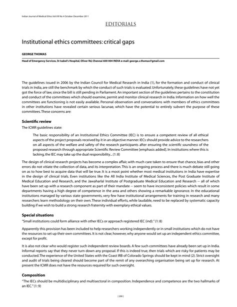 PDF Institutional Ethics Committees Critical Gaps