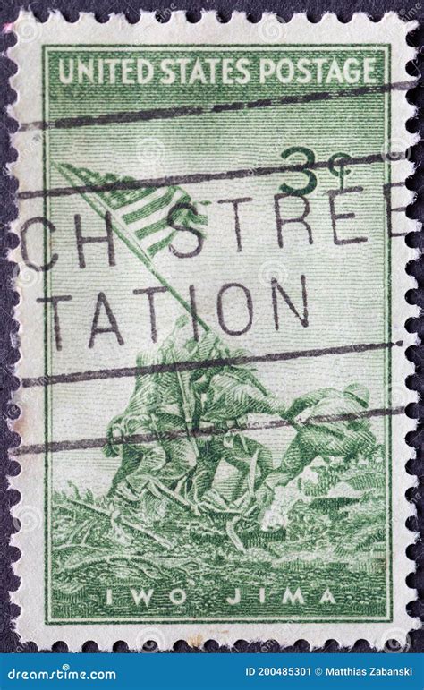 USA Circa 1945 A Postage Stamp Printed In The US Showing Six Marines