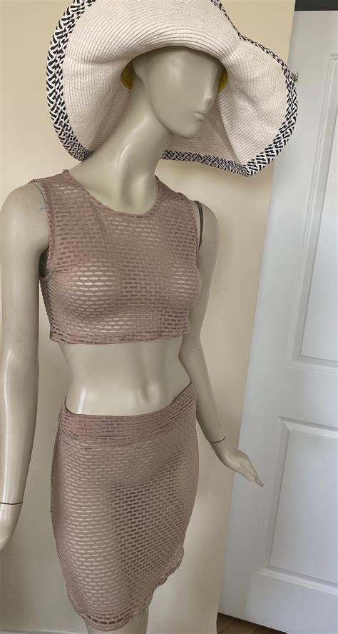 2 Piece Sheer Beach Wear Beige Bathing Suit Cover Nude Crop Top And Skirt Set Skin Tone Tank