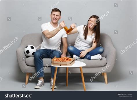 Laughing Couple Woman Man Football Fans Cheer Up Support Favorite Team