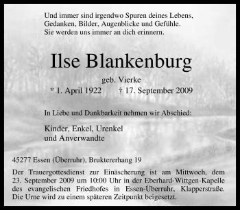 Traueranzeigen Von Ilse Blankenburg Trauer In Nrw De