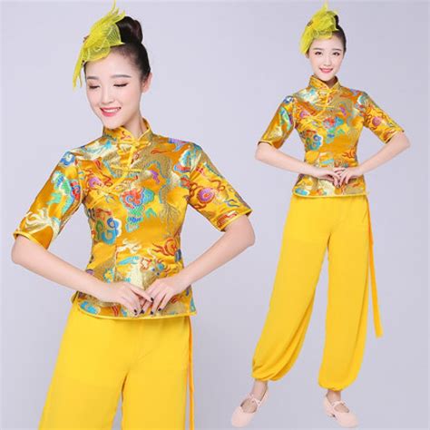 Yellow Traditional Chinese Dance Costumes Women Dragon Folk Dance Costume For Woman Fan Drummer