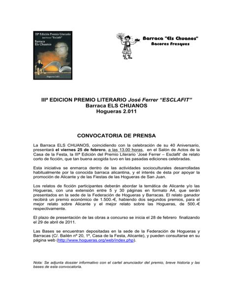 Nota De Prensa Iii Edicion Premio Literario Jose Ferrer