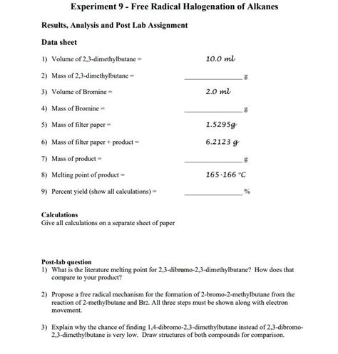 SOLVED: Experiment 9 Free Radical Halogenation of Alkanes Results; Analysis and Post Lab ...