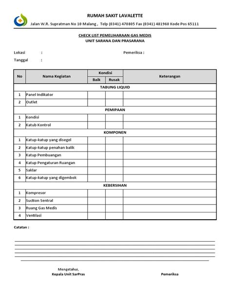 Ceklis Pemeliharaan Gas Medis Pdf