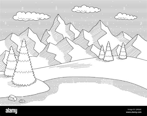 Berg See Grafik Schwarz Wei Landschaft Skizze Illustration Vektor