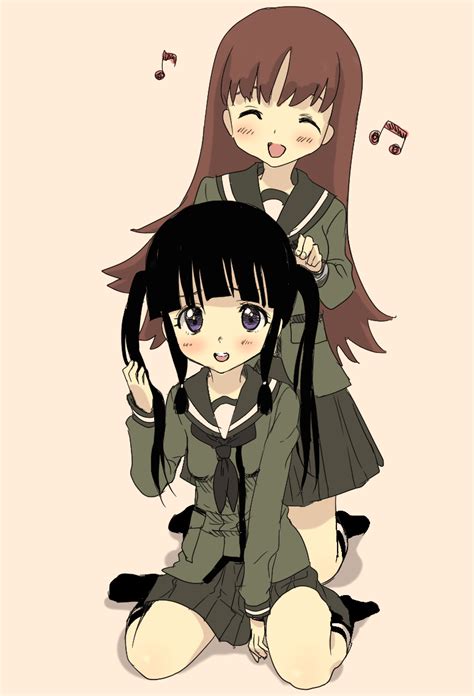 Safebooru 2girls Alternate Hairstyle Bangs Beamed Eighth Notes Black