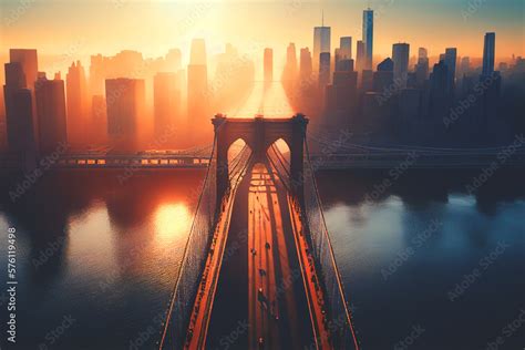 Brooklyn bridge on sunrise in fog, aerial view. Brooklyn Bridge in New ...