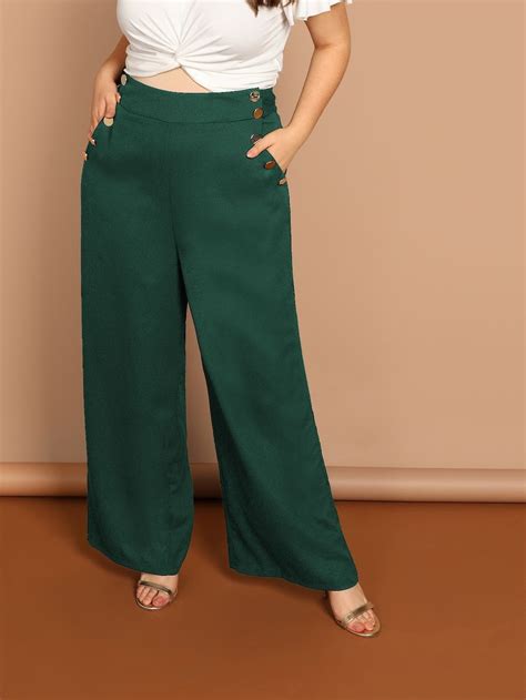 Shein Plus Button Embellished Slant Pocket Wide Leg Pants Wide Leg