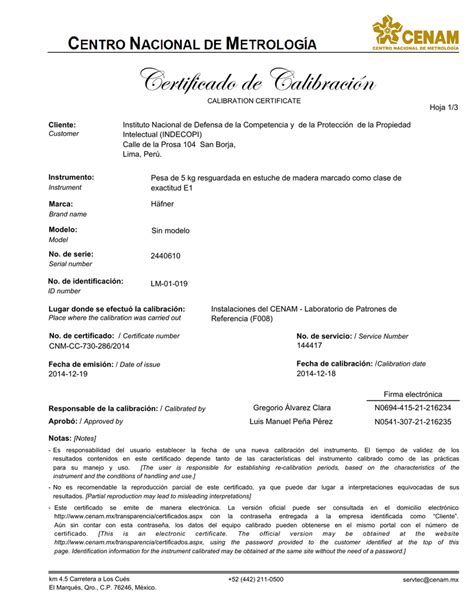 Certificado De Calibracion En