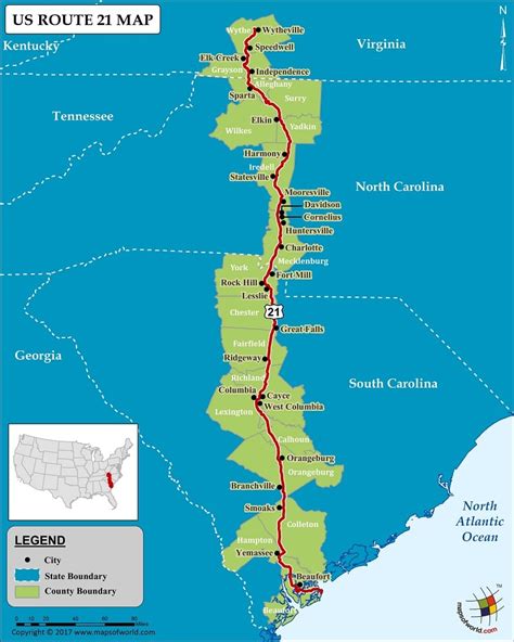 US Route 21 Map for Road Trip, Highway 21