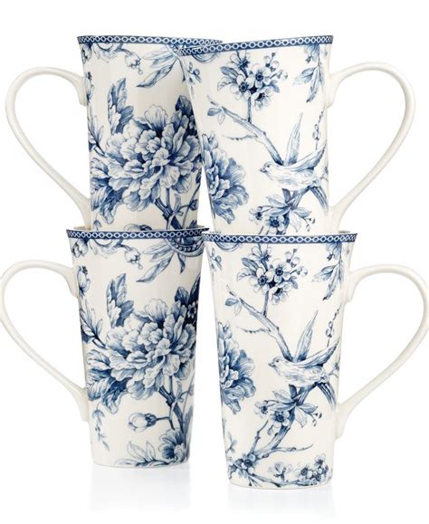 222 Fifth Adelaide Blue Set Of 4 Latte Mugs Mugs Blue White Decor