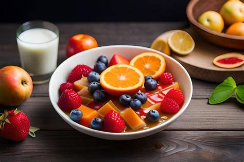 Premium AI Image | a bowl of fruit with a bowl of yogurt, fruit, and a ...