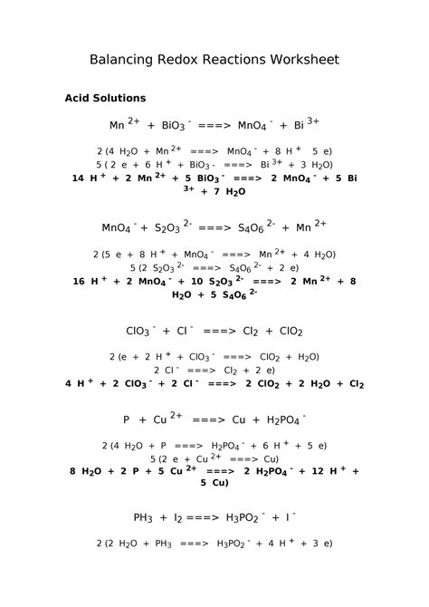 Balancing Redox Reactions Printable Worksheet