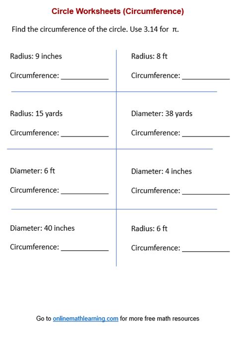 Radius & Diameter Worksheets, Circumference & Area Worksheets - Worksheets Library