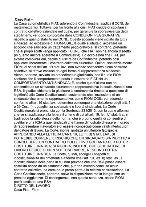 Caso Fiat Appunti Caso Fiat Argomento D Esame Diritto Del Lavoro Con