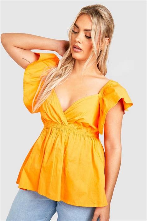 Pale Orange Plus Cotton Poplin Ruffle Sleeve Smock Top Boohoo Uk