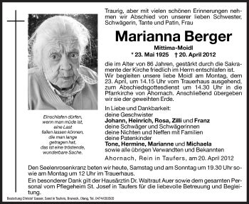 Traueranzeigen Von Marianna Berger Trauer Bz