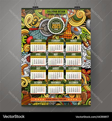 Cartoon doodles picnic 2023 year calendar Vector Image