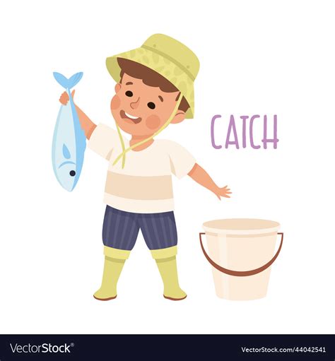 Little Boy Catching Fish Demonstrating Vocabulary Vector Image