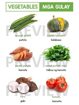 Vegetables Charts English Filipino Tagalog For ESL Learning