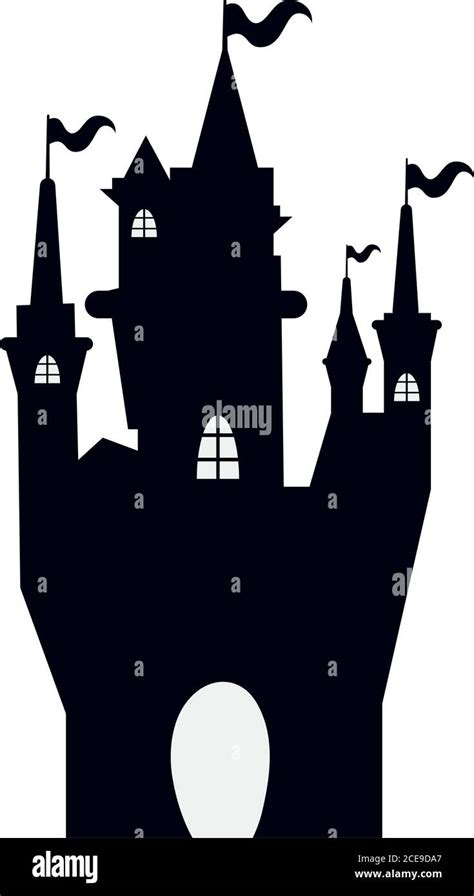 halloween haunted dark castle with flags silhouette style vector ...