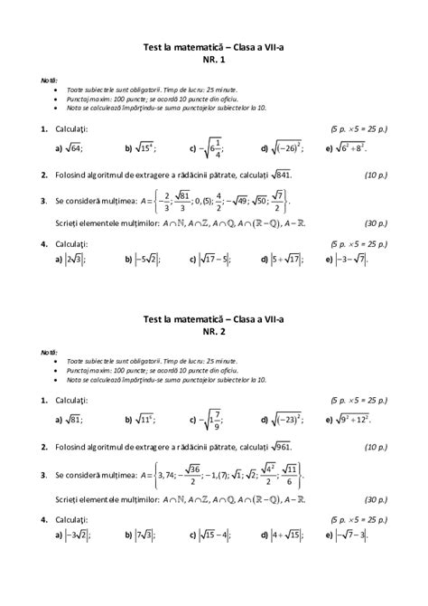 Pdf Test La Matematica Algebra Clasa A Vii A Cap Numere Reale