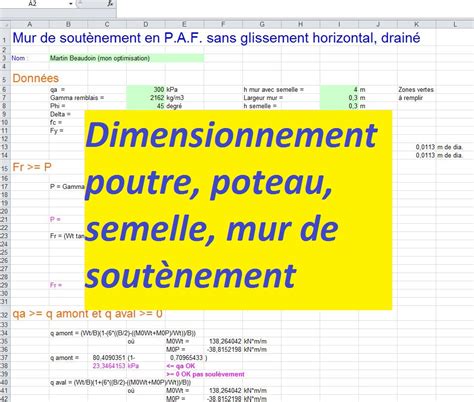 Dimensionnement poutre poteau semelle mur de soutènement avec excel