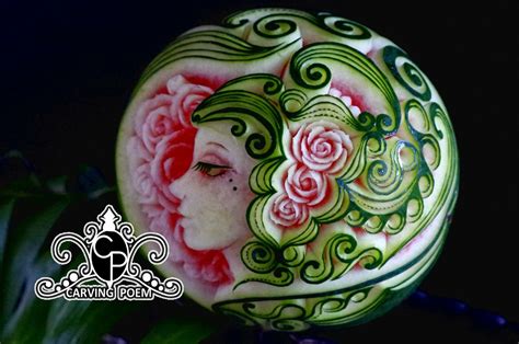 Watermelon carving Melancholy lady. | การแกะสลักผลไม้