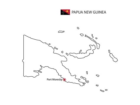 Hand Draw Thin Black Line Vector Of Papua New Guinea Map With Capital