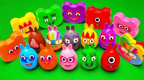 Finding Rainbow Pinkfong Eggs Slime Cocomelon Bunny Bear Shapes With