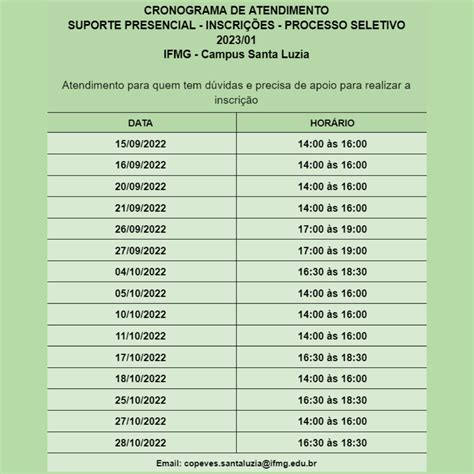 Cronograma De Atendimento Inscrições Processo Seletivo 202301