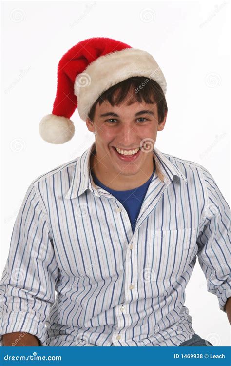 Young Man Wearing Santa Hat Stock Photo Image Of White Celebration