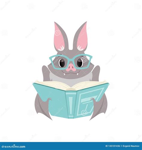 Cute Bat In Glasses Reading A Book Gray Funny Creature Cartoon